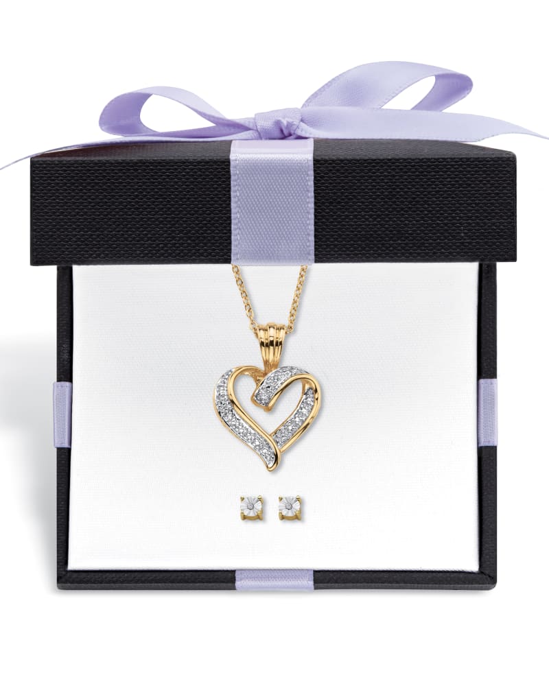 Front of a size One Size Diamond Accent Gold-Plated Gift Boxed Earring and Heart Necklace Set 18"-19" in White by PalmBeach Jewelry. | dia_product_style_image_id:286109